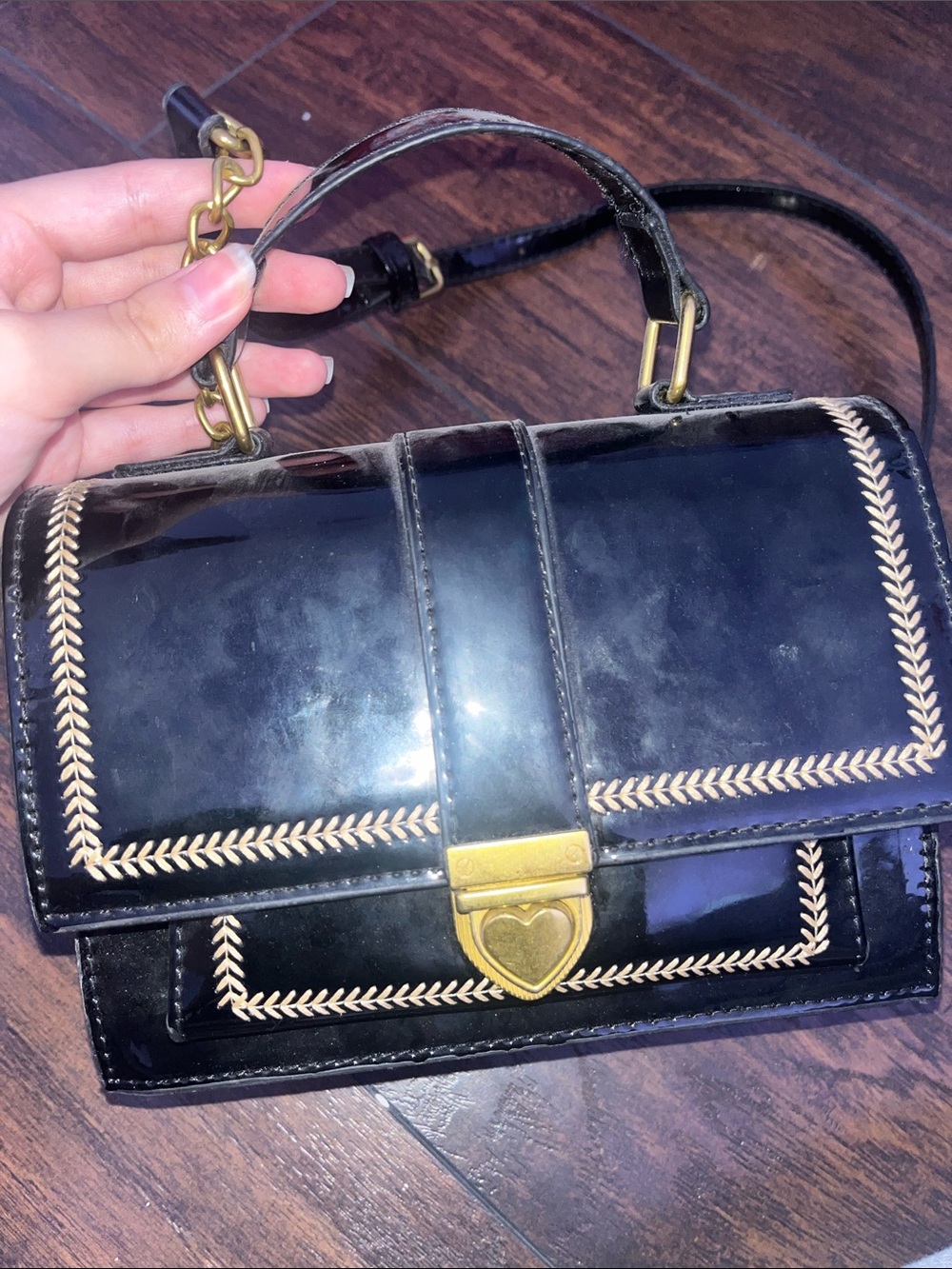 Black Patent Leather Top-Handle Bag with Heart Lock